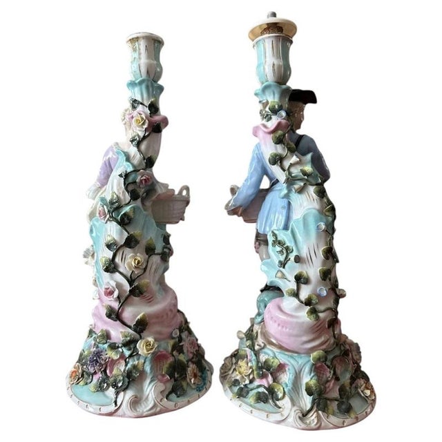 Rococo Antique Rococo Porcelain Figural Candlesticks from Sitzendorf, 1900, Set of 2 For Sale - Image 3 of 10