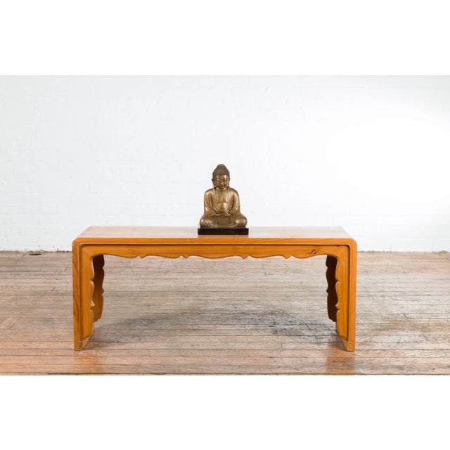 Wood Chinese Vintage Elmwood Waterfall Coffee Table with Scalloped Apron For Sale - Image 7 of 13