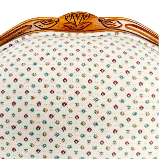 French Provincial Louis XV Bergere Armchair With Carved Wood Frame & Petite Floral Upholstery For Sale - Image 12 of 16