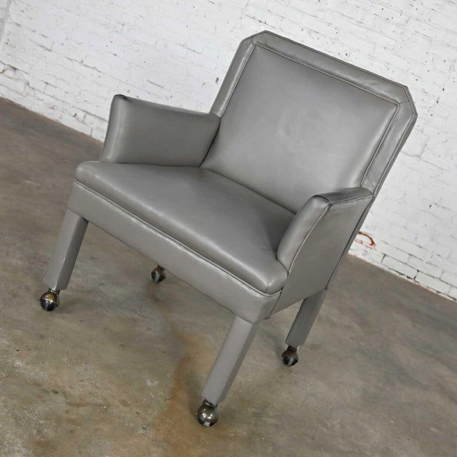 Modern Gray Faux Leather Modified Parsons Style Armed Accent Chair on Casters For Sale - Image 14 of 17