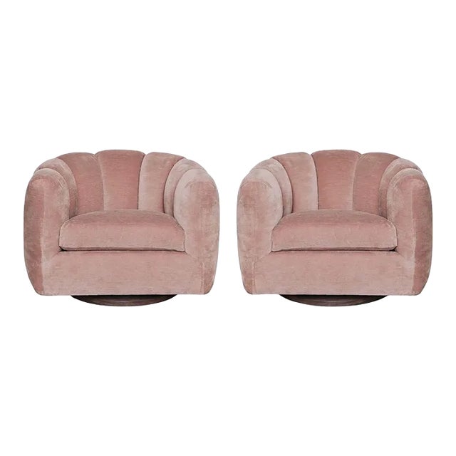 Blush Pink Channel Back Swivel Chairs in the Style of Milo Baughman - A Pair For Sale