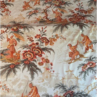 4 Yards Pierre Frey Chinoiserie Fabric in Orange, Olive, Off White and Gold. For Sale