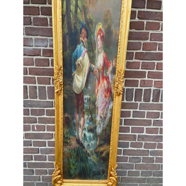 Vintage French Louis XVI Gilded Frame With Romantic Fabric Scenery Artwork For Sale - Image 4 of 16
