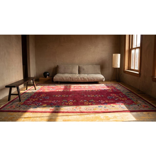 1920s Ruby Red Floral Vase Antique Chinese Art Deco Carpet 9' X 11'9" Knotted Wool Rug For Sale - Image 14 of 15