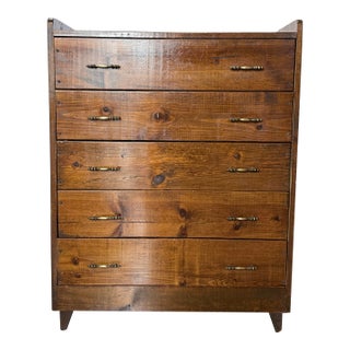 Late 20th Century Solid Heart Pine Rustic Five Drawer Chest With Brass Pulls For Sale