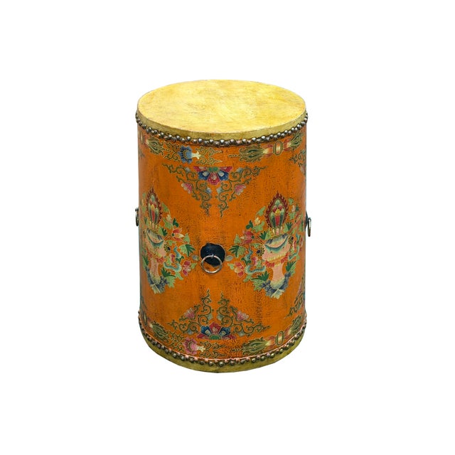 Distressed Light Orange Tibetan Style Jewel Symbol Round Drum Table For Sale - Image 4 of 10