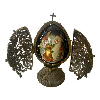 Vintage Fedoskino Russian Triptych Brass Filigree With Lacquer Egg Shape Signed M. Izotova For Sale