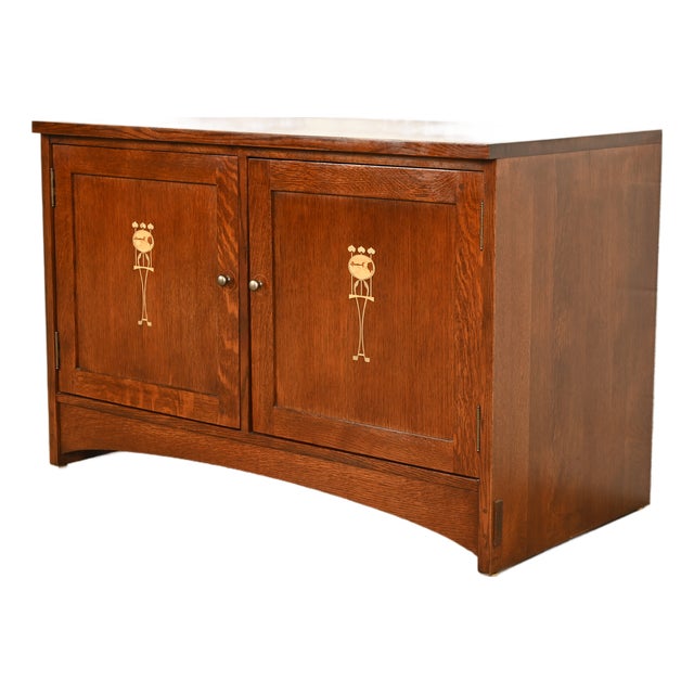 Stickley Harvey Ellis Collection Mission Arts & Crafts Inlaid Oak Console or Media Cabinet For Sale