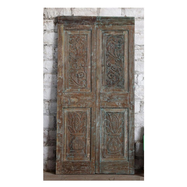 Farmhouse Antique Indian Carved Double Doors Floral Vase Design Wooden Barn Door 80x40 For Sale - Image 3 of 5
