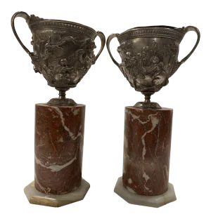 Silver Bronze Urns With Original Liners on Marble Base - a Pair