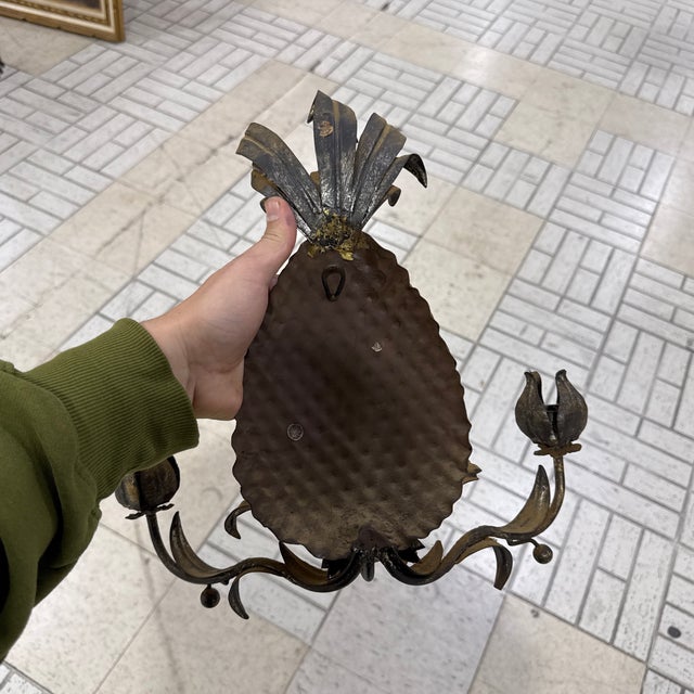 Vintage Italian Tole Pineapple Candlestick Sconces ~ a Pair For Sale - Image 9 of 9