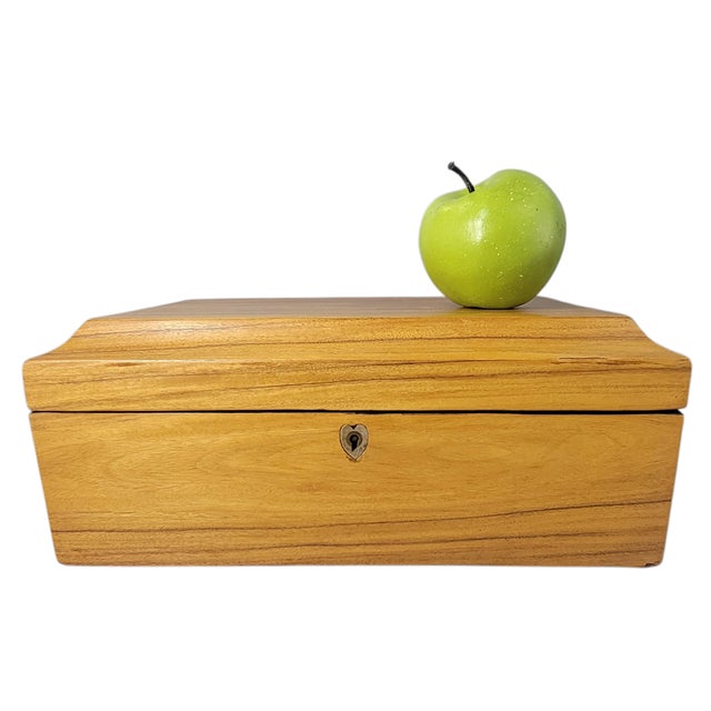 c.1860 Antique Blonde Mahogany Trinket Box Featuring a Heart Shaped Lock and Lined with Marbelized Paper. Keepsake Jewelry...
