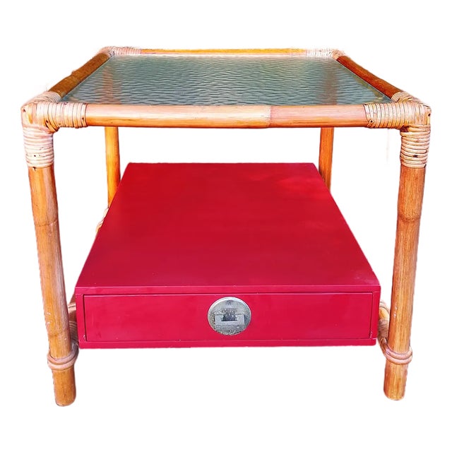 John Wisner for Ficks Reed Attributed Rattan Side Table With Chinese Red Drawer and Nickel Hardware For Sale