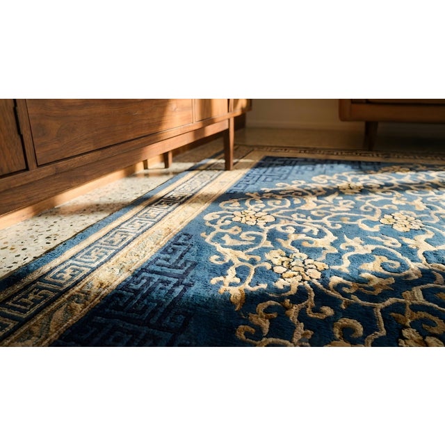 Textile Gorgeous Royal Blue Background With Camel Border in a Medallion Pattern Antique Chinese Peking Rug For Sale - Image 7 of 9