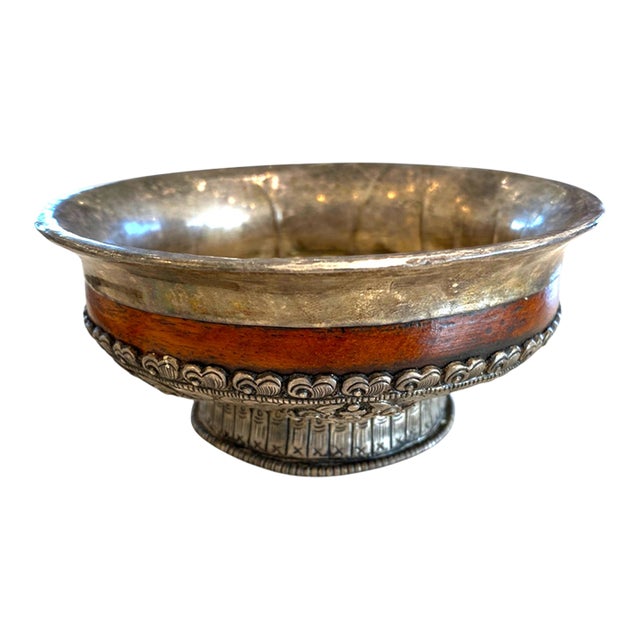 Antique Tibetan Silver & Wood Jha Pho Tsampa Bowl – Buddhist Auspicious Decor For Sale