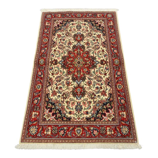 Fine Qom Rug 3’2” X 5’2” Ivory Wool/Silk Traditional Hand-Knotted Carpet For Sale