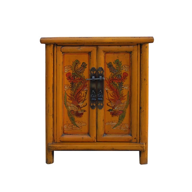 Wood Oriental Distressed Orange Yellow Phoenix Flower End Table Nightstand For Sale - Image 7 of 7