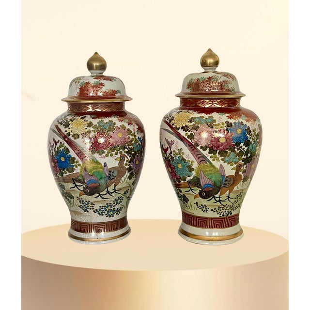Large Antique Japanese Lidded Ginger Jars With Whimsical Exotic Birds, Flowers & Gilt Accents, a Pair - Shimazu Family For Sale - Image 9 of 15