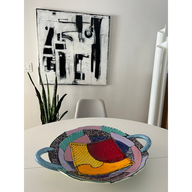 Cornflower Blue 1990s “Cubist” Handmade Ceramic Decorative Plate, Signed Saldaitis For Sale - Image 8 of 9