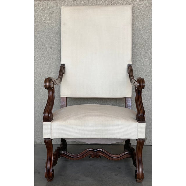 Late 19th Century Louis Xvi Style Spanish Pair of Carved Walnut Armchairs, 1900s For Sale - Image 5 of 12