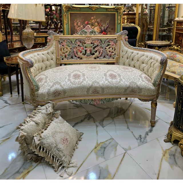 French Rococo-Style Sofa – Pastel Floral Upholstery With Ornate Gold Leaf & Carved Frame For Sale In Miami - Image 6 of 6