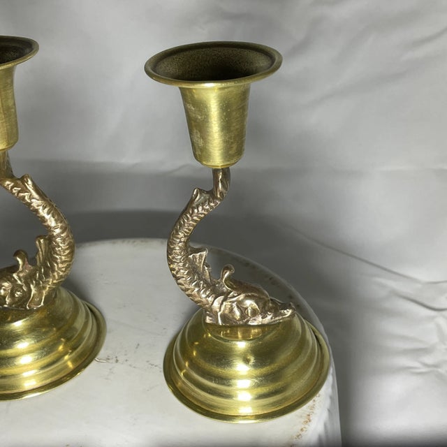 Vintage Brass Dolphin Candlestick Holders- Pair For Sale - Image 4 of 11