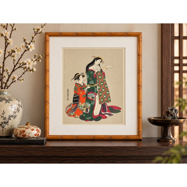 Japanese Vintage Japanese Ukiyo-E Print After Kitao Masanobu – Uta Yomu Onna – Bamboo-Style Frame For Sale - Image 3 of 9