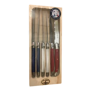 French Jean Dubost Laguiole Red, White & Blue Steak Knives- Set of 6