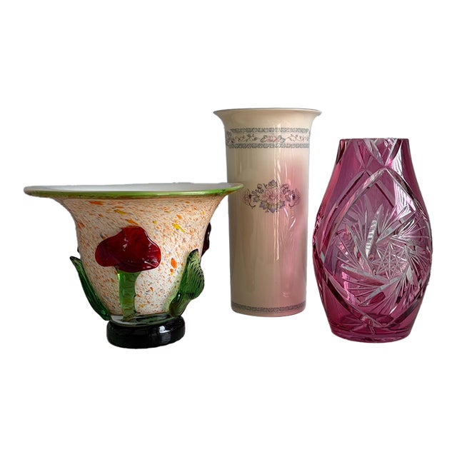 Set of Vintage Vases - Pink Glass, Floral Ceramic & Applied-Flower Glass For Sale