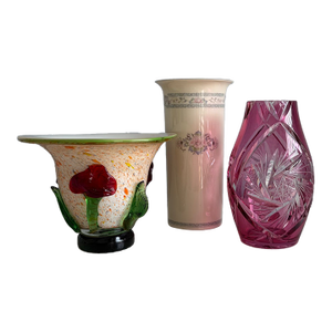 Set of Vintage Vases - Pink Glass, Floral Ceramic & Applied-Flower Glass