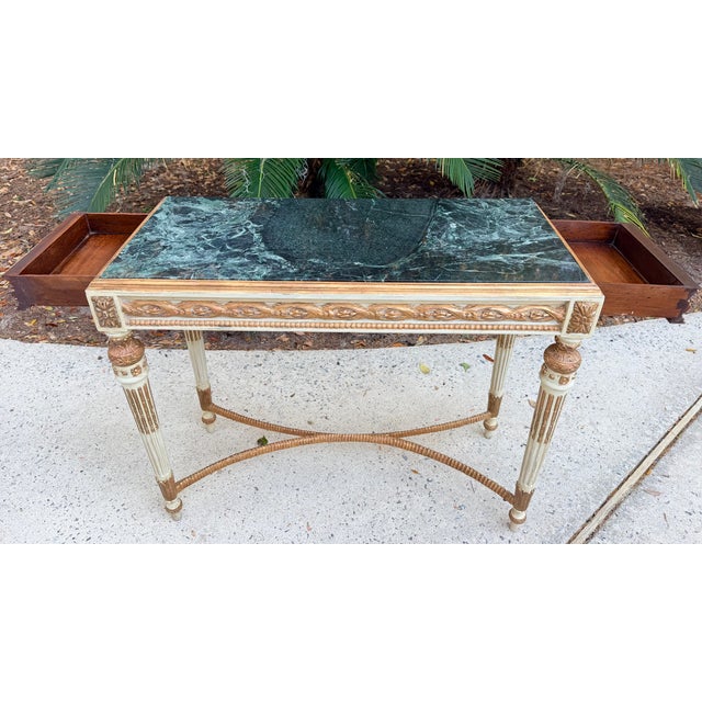 Parcel Gilt and Paint Marble Top Louis XVI Style Console Table For Sale - Image 4 of 17