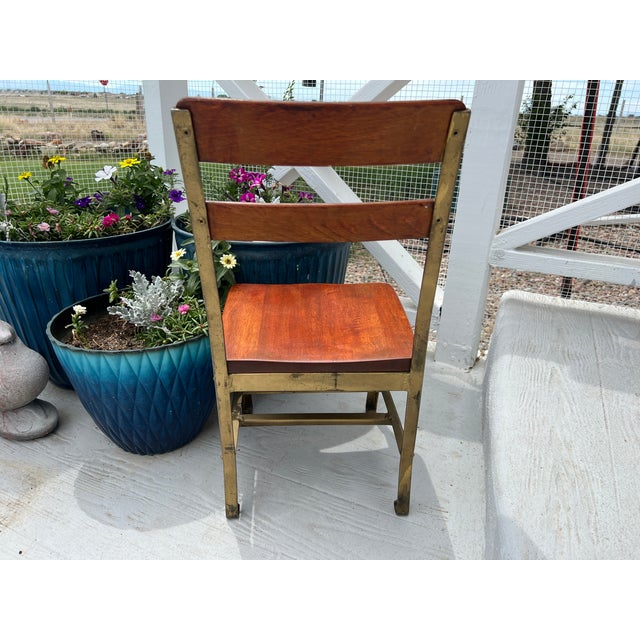 Restored 1900s Antique Child's School Chair Gold Painted Metal With Red Mahogany Colored Stained Wood Seat & Back Wooden Kindergarten Chair For Sale - Image 12 of 18