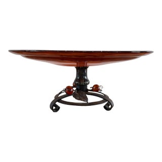 Signed Charles Schneider French Art Deco Tangerine Mottled Glass & Wrought Iron Centerpiece Bowl, France, Circa 1925 For Sale