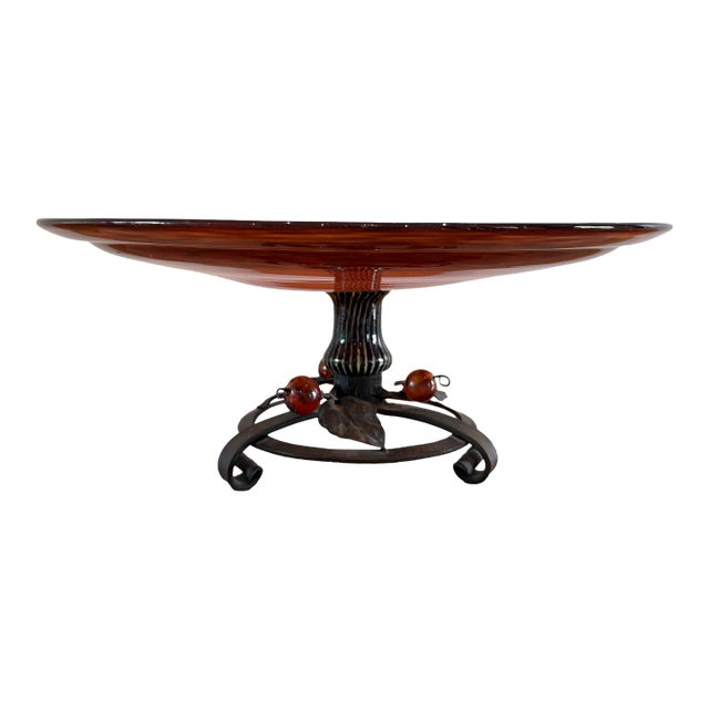 Signed Charles Schneider French Art Deco Tangerine Mottled Glass & Wrought Iron Centerpiece Bowl, France, Circa 1925 For Sale