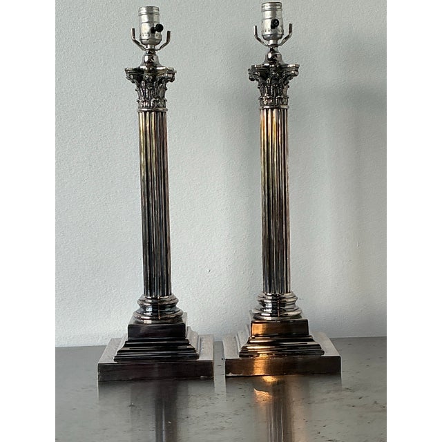 Silver Vintage Stamped English Silver Corinthian Column Candlestick Lamps - A Pair For Sale - Image 8 of 11