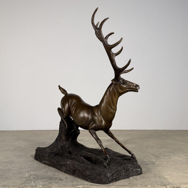 Large Bronze Stag Sculpture – Leaping Deer on Log Base, 36” H Wildlife Art For Sale - Image 9 of 13