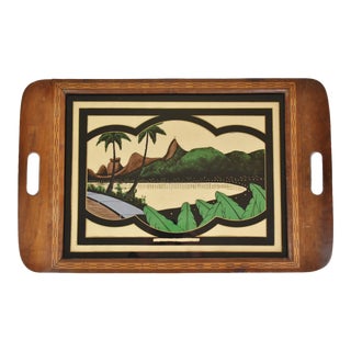 Vintage Reverse Painted Glass Serving Tray W/ Rio De Janeiro Brazil Landscape For Sale