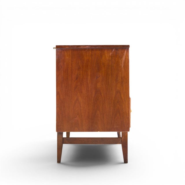 Broyhill Brasilia Broyhill Brasilia Mid Century Walnut and Brass Lowboy 9 Drawer Dresser For Sale - Image 4 of 10