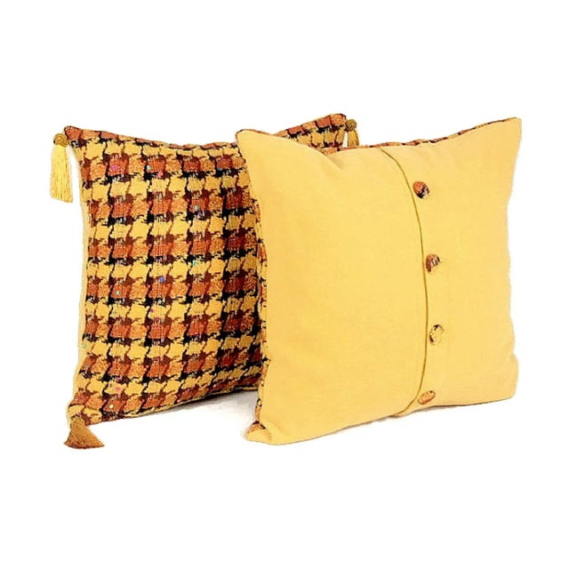 1960s Handwoven Plaid Wool & Alpaca Buttoned Pillow Cover With Tassel Fringe - a Pair For Sale - Image 11 of 13