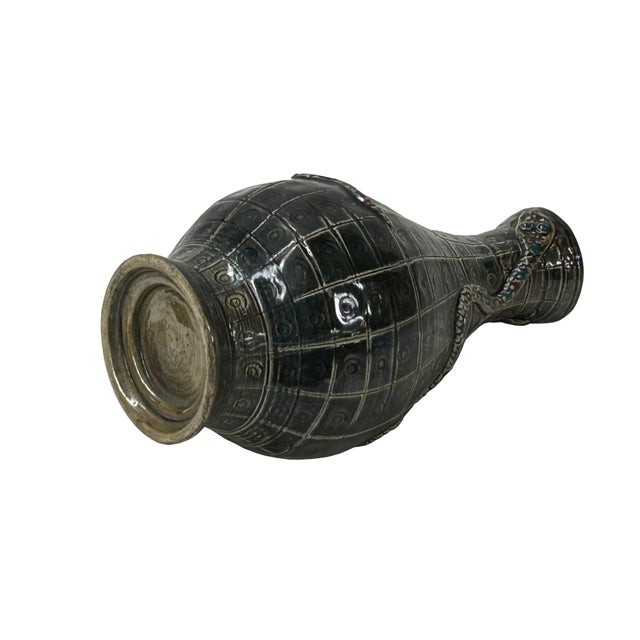 Oriental Small Round Metallic Brown Snake Motif Ceramic Art Vase For Sale In San Francisco - Image 6 of 6