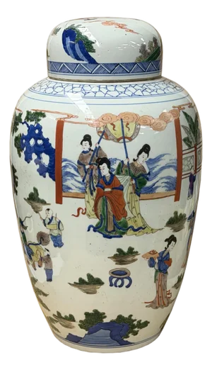 Oriental Color Family Gathering Graphic White Base Porcelain Jar