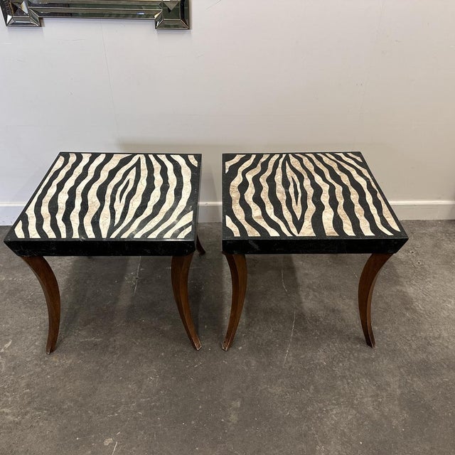 Italian Zebra Inlaid Tessellated Stone Tables with Refined Curv, Set of 2 For Sale - Image 10 of 16