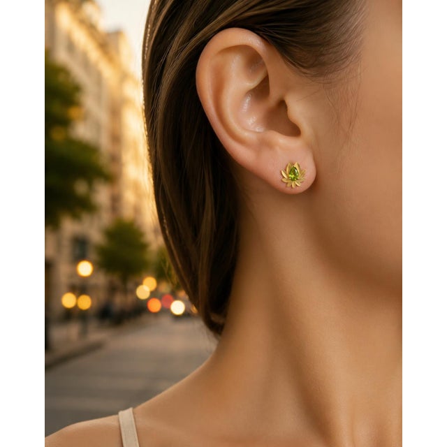Green Pear-Cut Peridot Lutus Flower Earrings Studs, Silver, Gold, Pair For Sale - Image 8 of 8