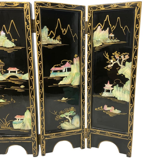 Japanese Small Table Top Vintage Black Hand-Painted, Lacquer and Mother of Pearl Chinoiserie Wood Screen For Sale - Image 3 of 5