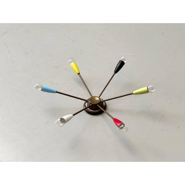 1960s Sputnik Ceiling Light with Six Brass Arms and Colored Sockets, 1960s For Sale - Image 5 of 16