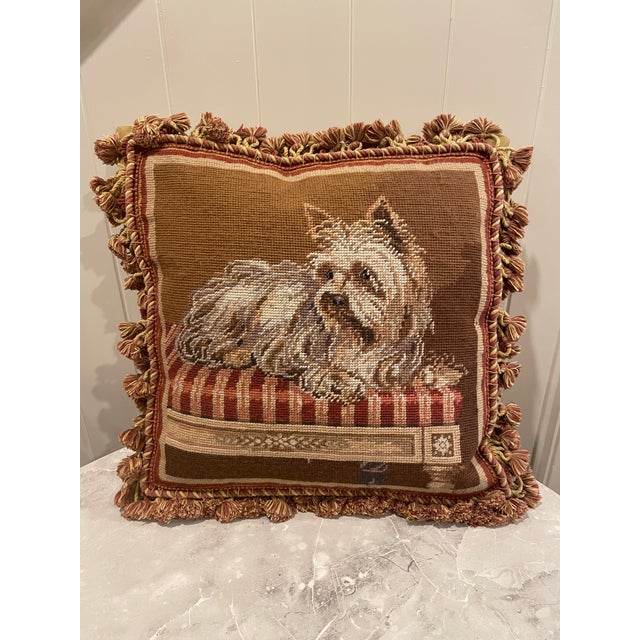 Needlepoint of a Yorkshire Terrier Tasseled Accent Pillow Chairish