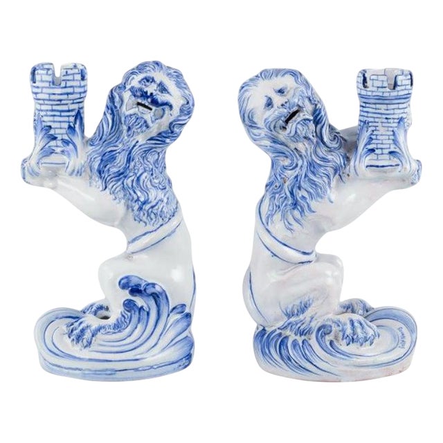 Early Faience Candleholders by Emile Gallé for Nancy, St Clement, Set of 2 For Sale