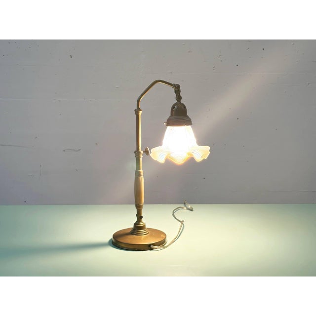 Brass Table Lamp with Opalescent Glass Shade, 1920s For Sale - Image 6 of 16