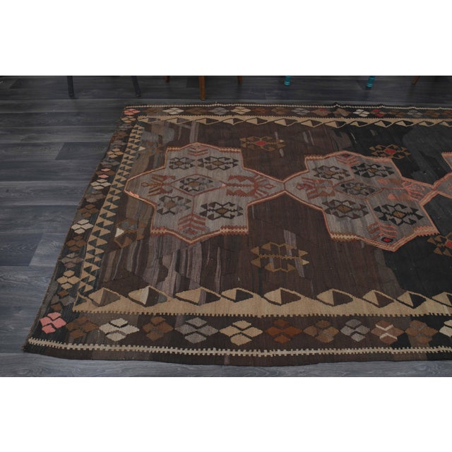 Turkish 1970s Vintage Turkish Handmade Wool Cotton Brown Runner Rug For Sale - Image 3 of 11