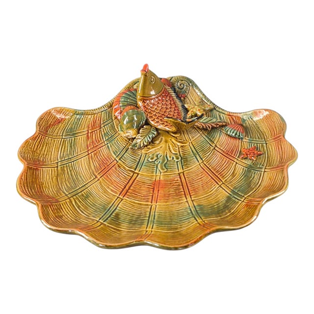 Late 20th Century Coastal Ceramic Majolica Seashell Shaped Fish Serving Platter For Sale - Image 9 of 9